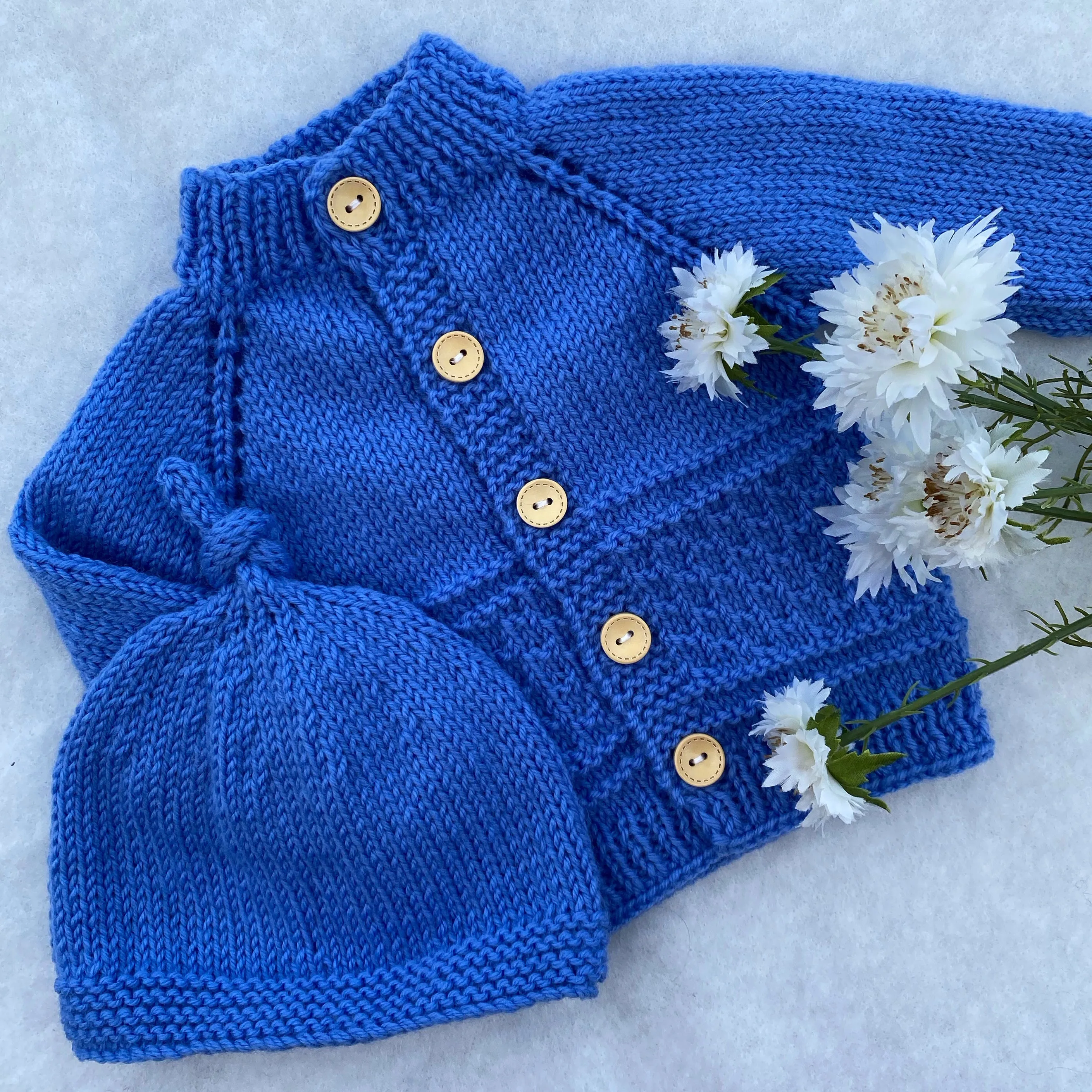 "Kinzie" patterned merino baby cardigan & hat set