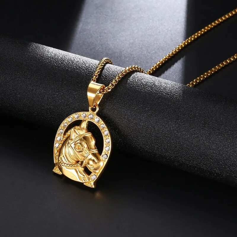 Rhinestone-Studded Gold-Plated Ranch Horse Bling 316L Stainless Steel Hip-hop Pendant Necklace