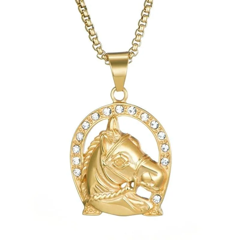 Rhinestone-Studded Gold-Plated Ranch Horse Bling 316L Stainless Steel Hip-hop Pendant Necklace