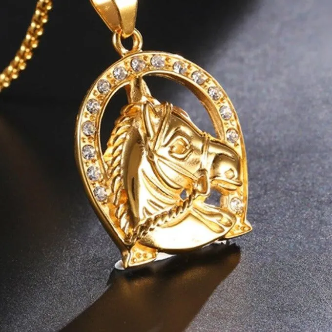 Rhinestone-Studded Gold-Plated Ranch Horse Bling 316L Stainless Steel Hip-hop Pendant Necklace