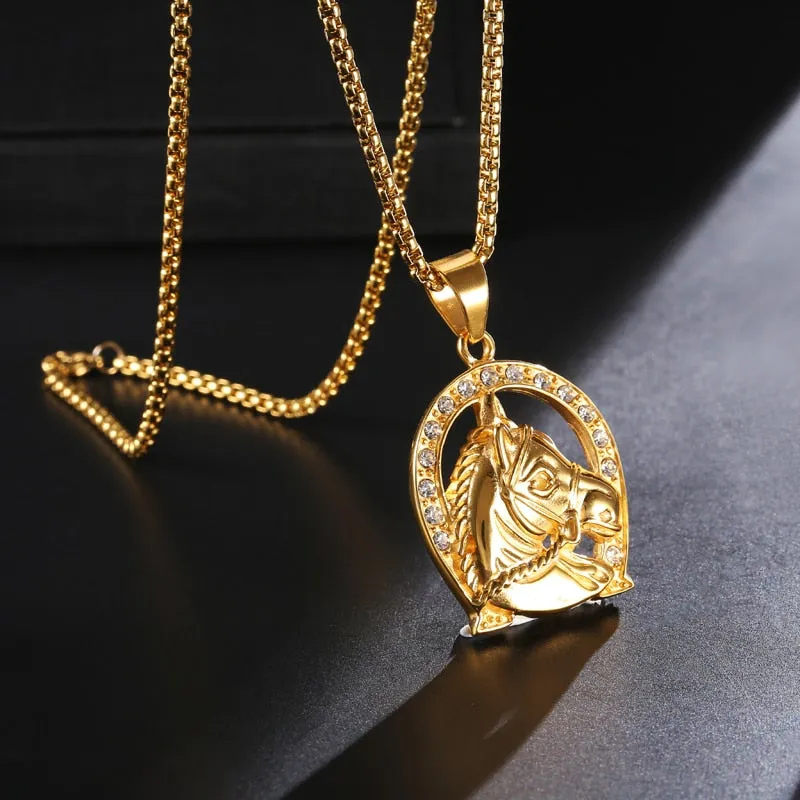 Rhinestone-Studded Gold-Plated Ranch Horse Bling 316L Stainless Steel Hip-hop Pendant Necklace