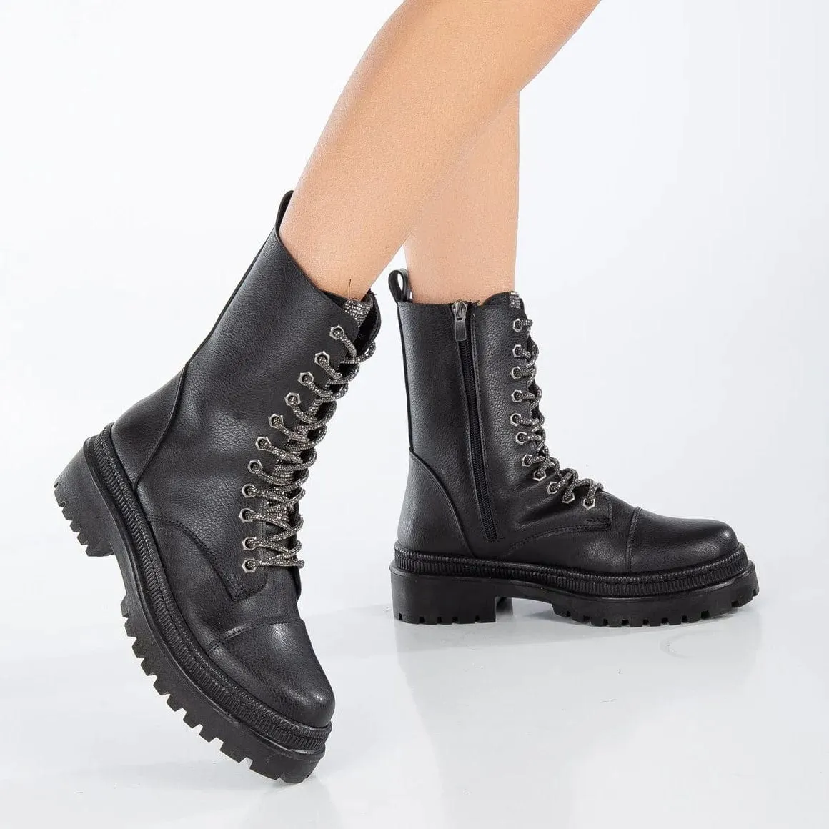 Selene Vegan Leather Glitter Lace Up Combat Boots | Black