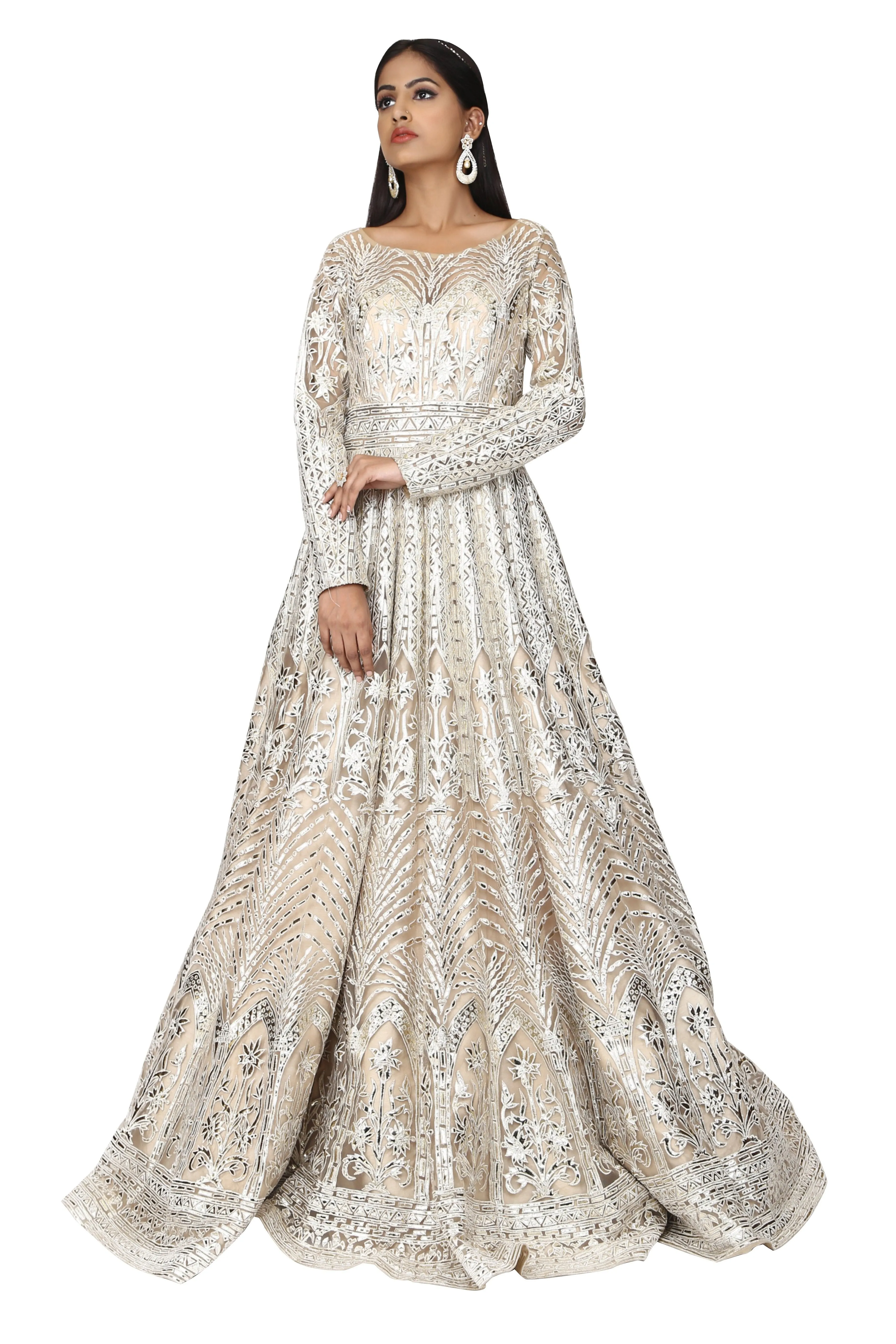 Silver embroidery panel gown