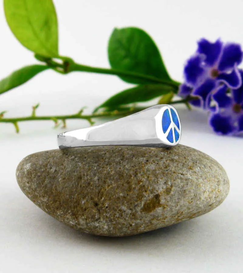 Sleek Peace Sign Symbol Ring With Lab Opal