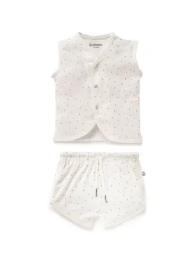 Sleeveless dot pattern in cream  cotton jabla set for baby