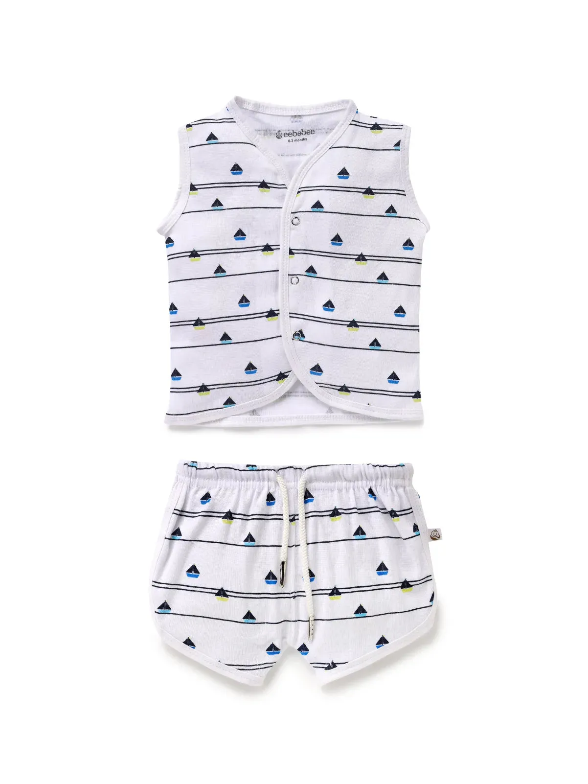 Sleeveless white & line pattern jabla set  for baby