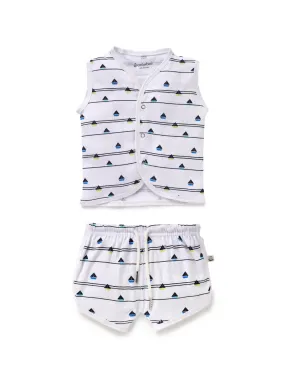 Sleeveless white & line pattern jabla set  for baby