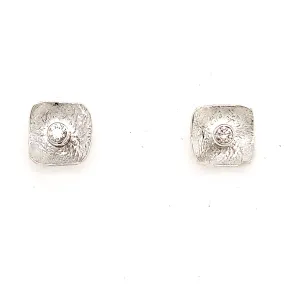 Small Silver Square Post Earrings with Diamonds - E1506