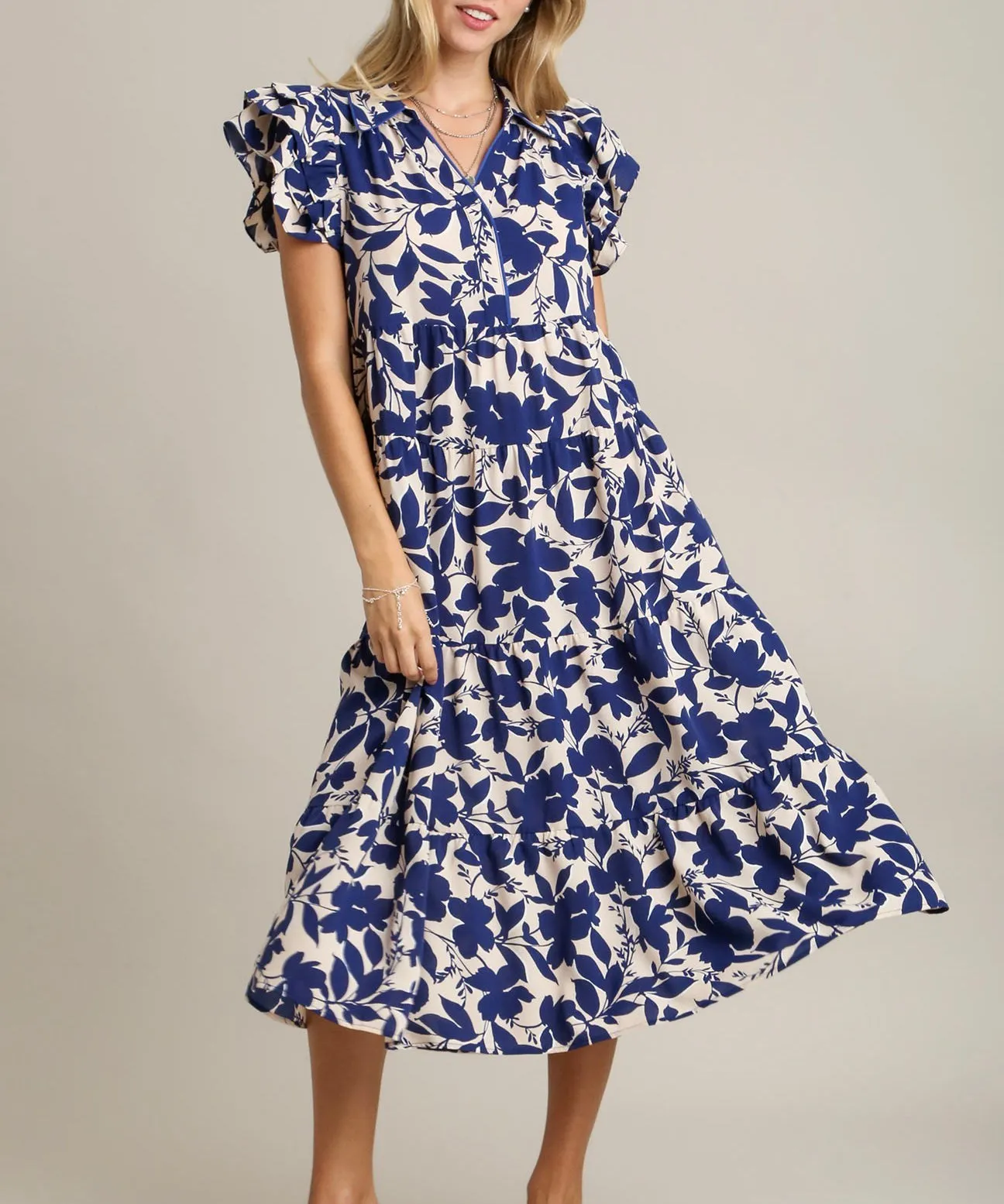 Two-Tone Floral Dress - Navy Mix