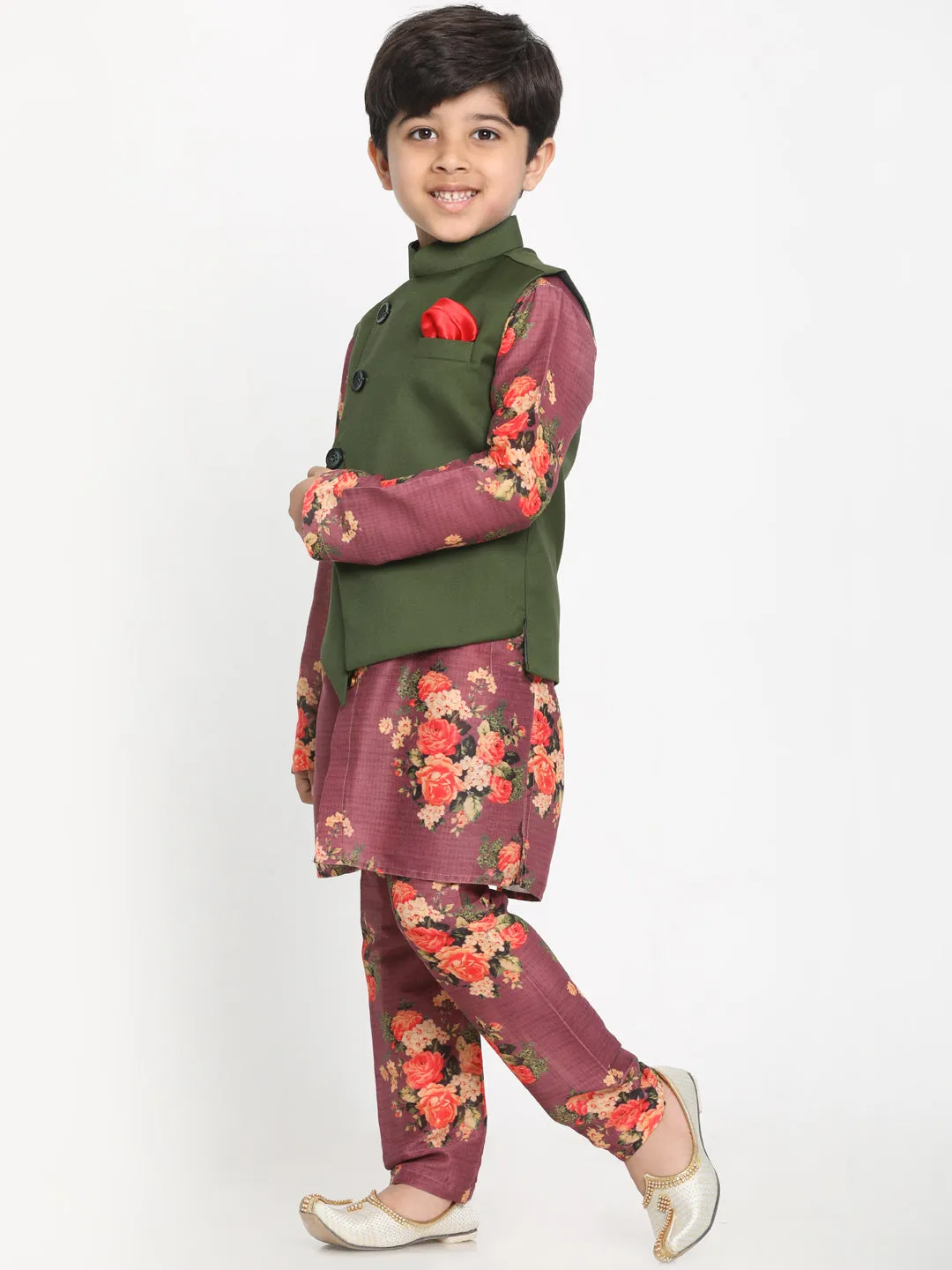 Vastramay Boy's Green Twill Jacket, Printed Kurta and Pyjama Set