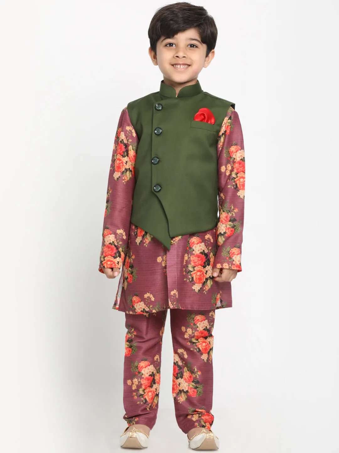 Vastramay Boy's Green Twill Jacket, Printed Kurta and Pyjama Set