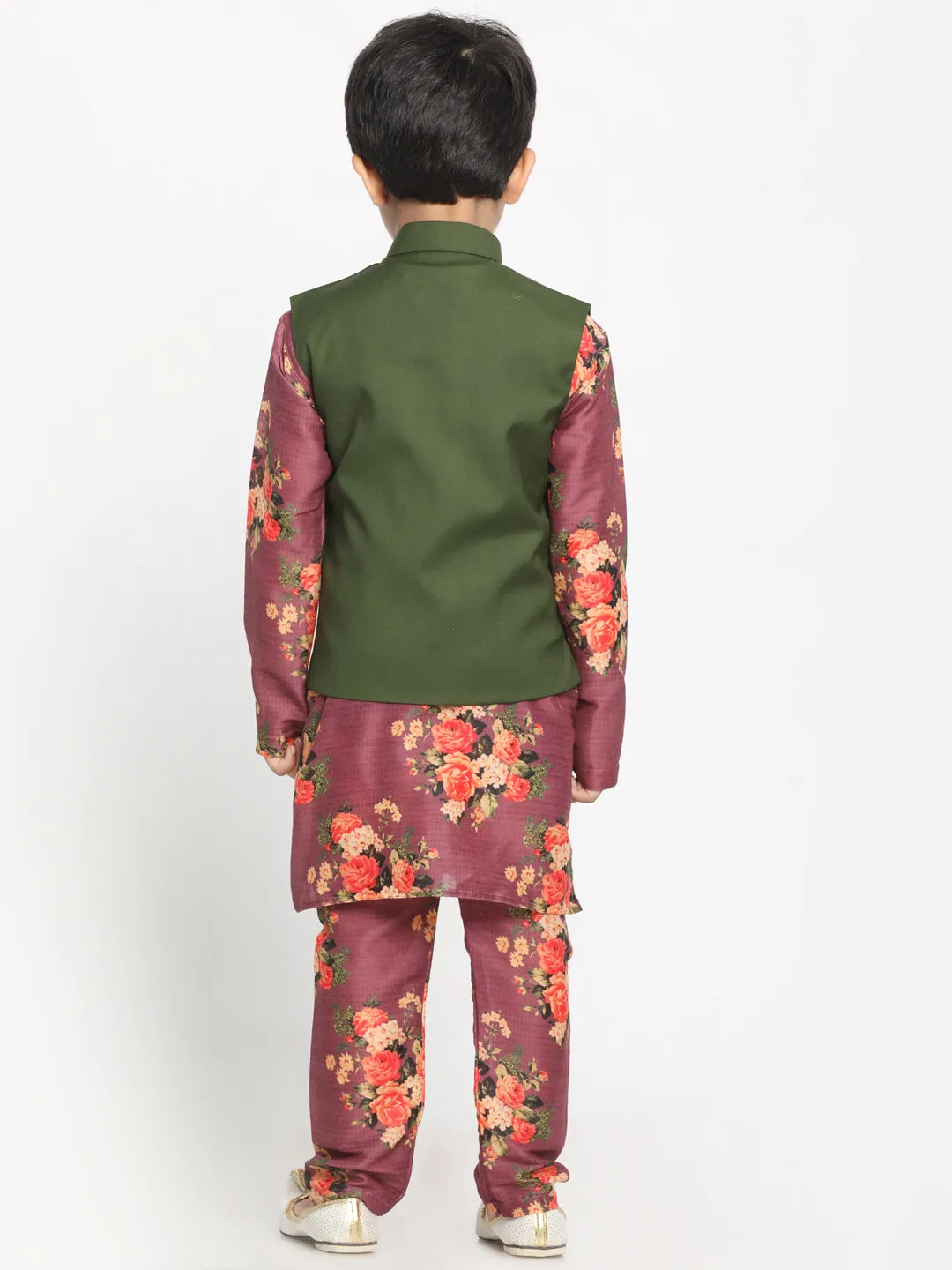 Vastramay Boy's Green Twill Jacket, Printed Kurta and Pyjama Set