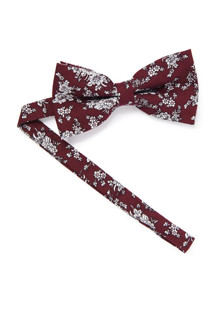 Vintage Floral Sketched Bow Tie - Burgundy & White