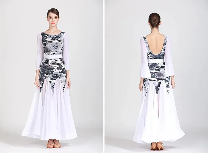 White Ballroom Dress with Grey Floral Bodice, Long Flared Sleeves, and Full Single Layer Skirt with Wrapped Horsehair Hem PRA 268