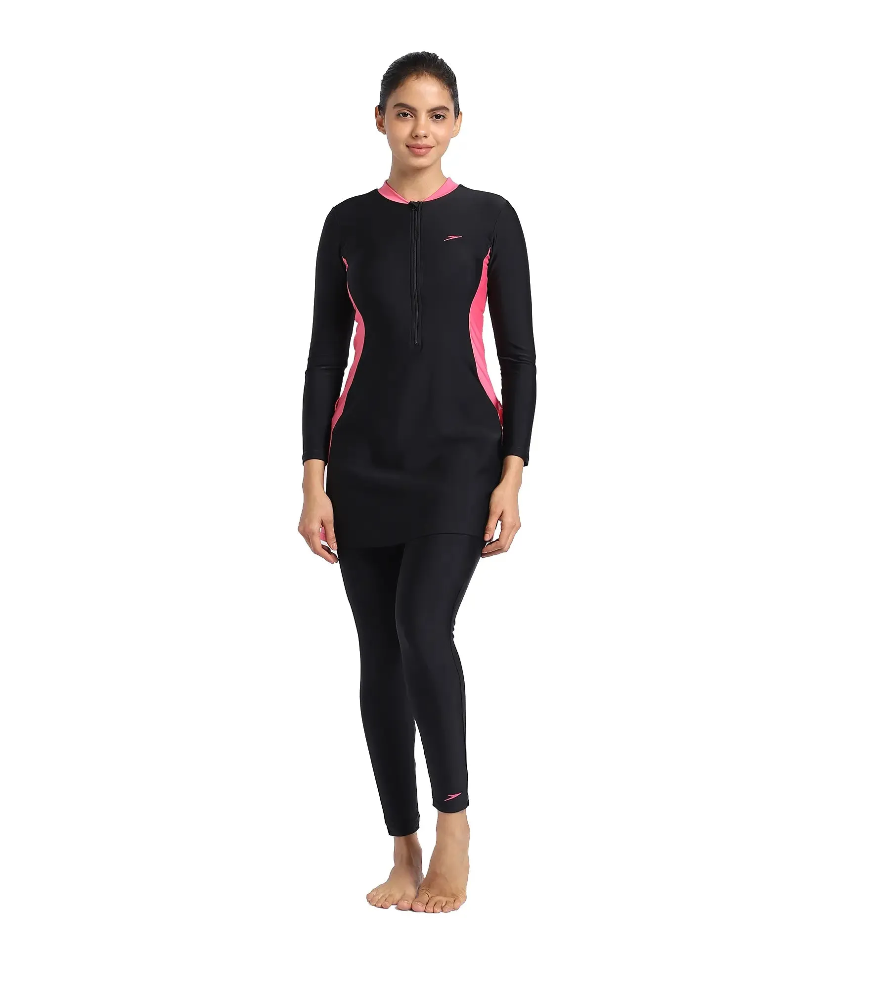 Women's Endurance Two Piece Full Body Suit Swimwear  - Black  &  Fandango Pink