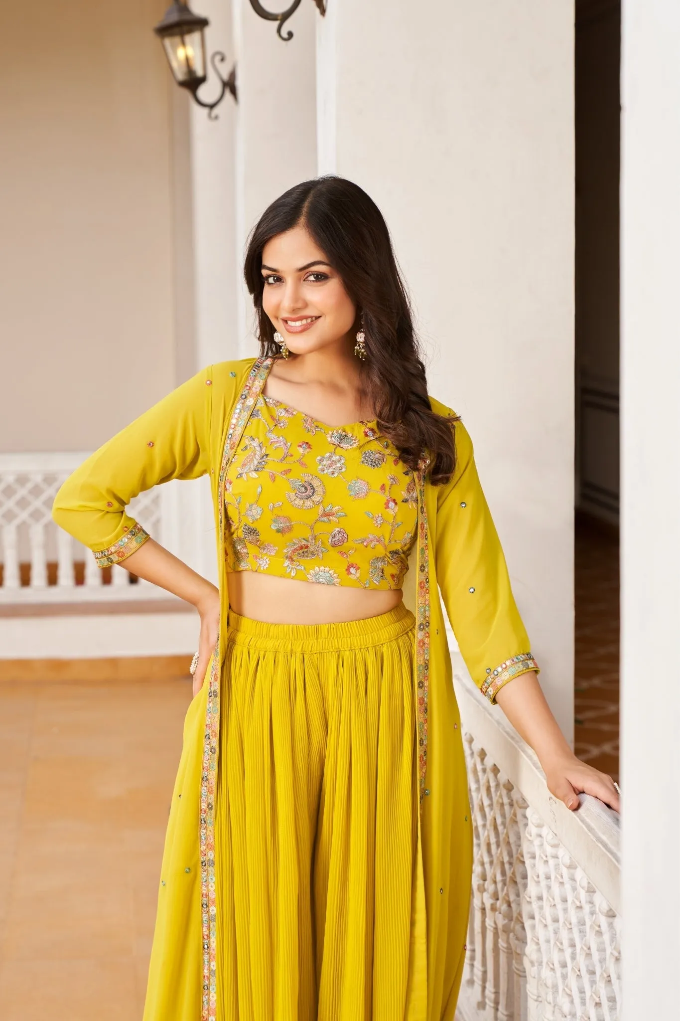 Yellow Embroidered Georgette Crop Top And Palazzo Set